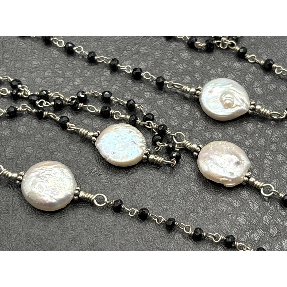 Vtg Coin Pearl Sterling Silver 925 Black Bead Necklace Opera Flapper Length 40
